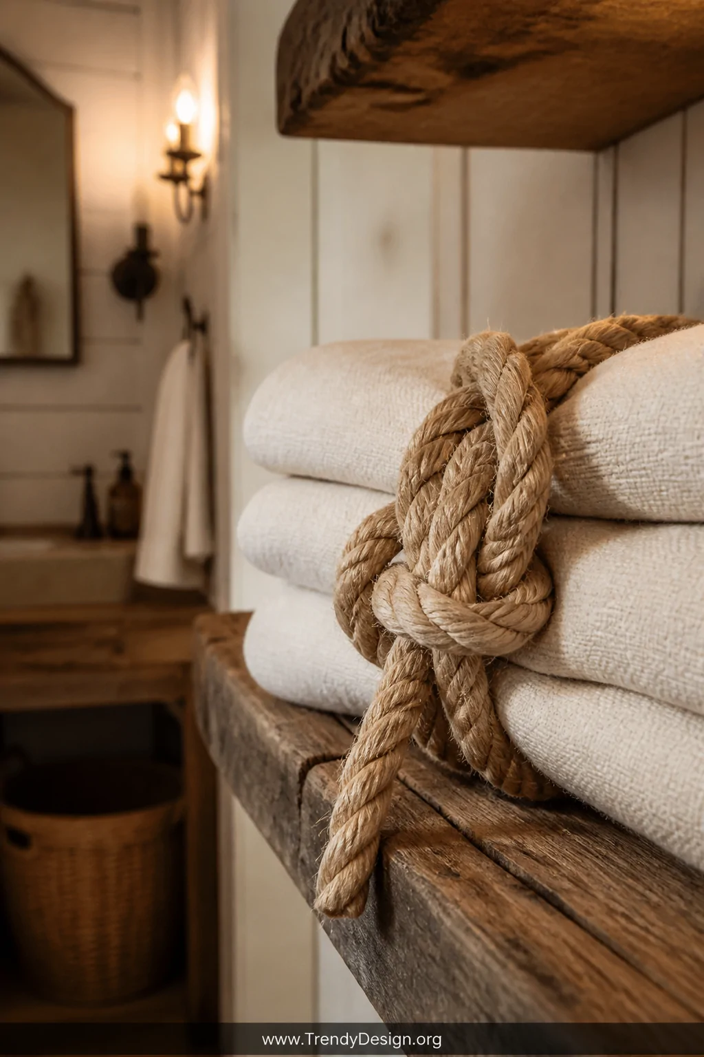 A closeup detail shot of a thick natural jute rope tied in a double sailor's knot around a neatly folded cream linen towel re