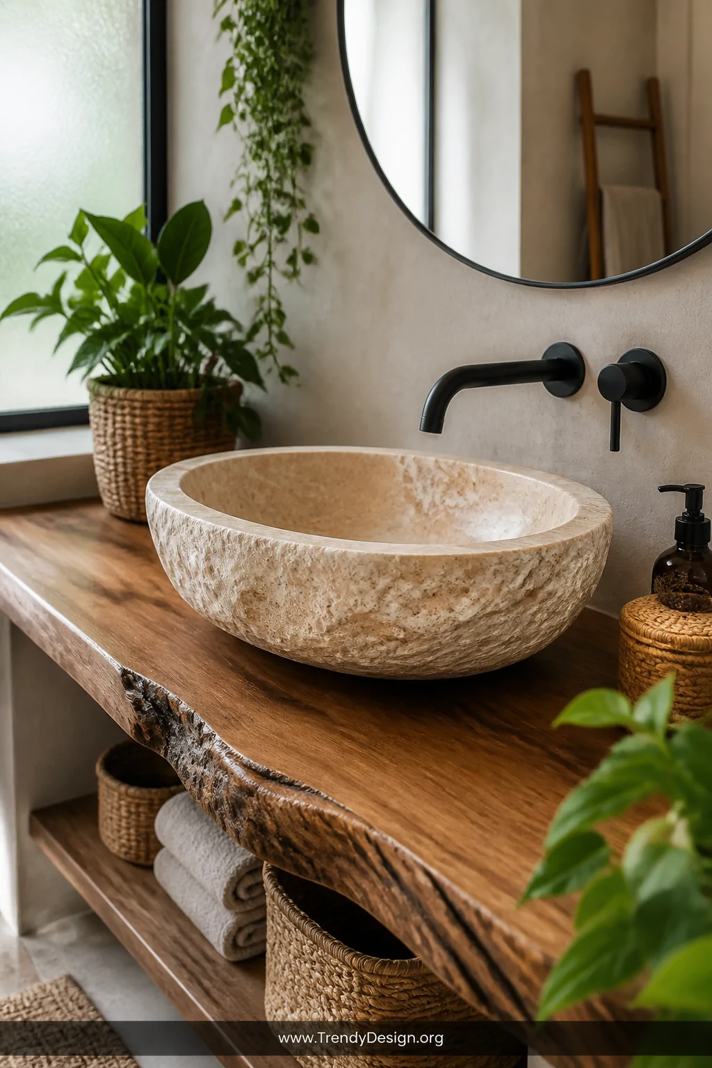 A medium shot of a carved travertine stone vessel sink resting on a live-edge wood vanity, its natural cream and tan veining 
