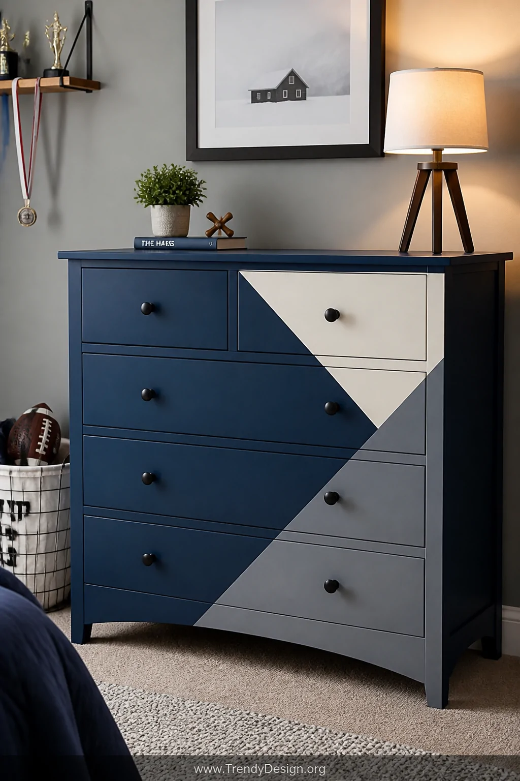 A medium shot of a boy's wooden dresser painted in deep matte navy blue with bold color-blocked two-tone sections created usi