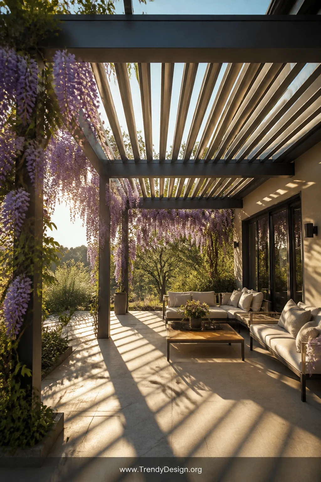Wide photorealistic shot of a modern louvered aluminum pergola over a flat porch, with angled silver-grey slats partially ope