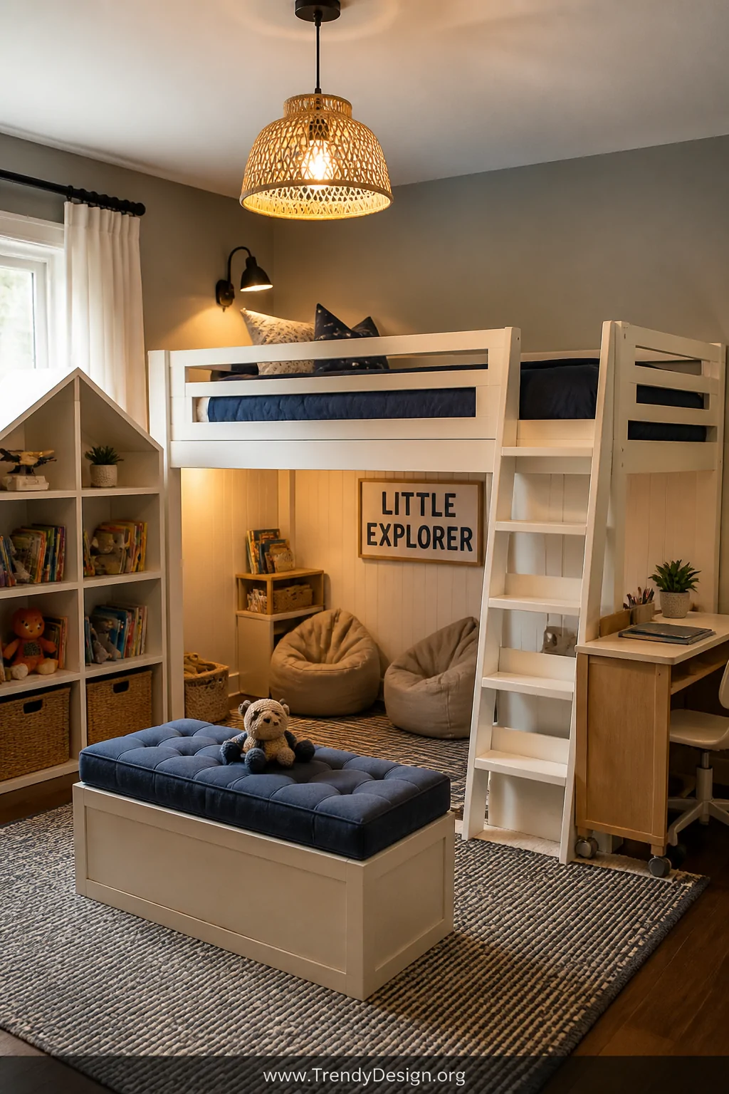 Medium shot of a stylish and functional toddler boy bedroom featuring a white wooden loft bed with a built-in play nook under