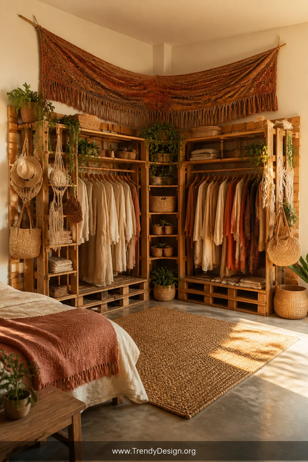 Wide room shot of a warm boho bedroom corner featuring an L-shaped arrangement of honey-stained pallet units spanning two wal