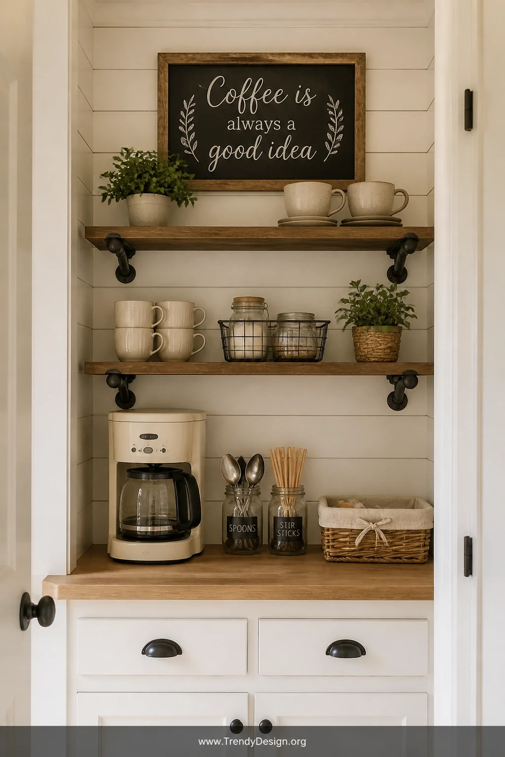 Medium wide shot of a farmhouse-style closet coffee nook featuring white painted shiplap planks covering the back wall, open-