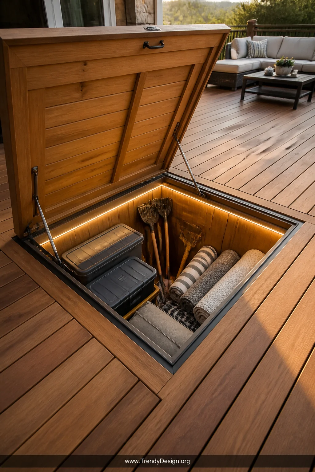 Wide-angle photorealistic shot of an elevated wooden deck with a flush-mounted storage hatch open to reveal a neatly organize