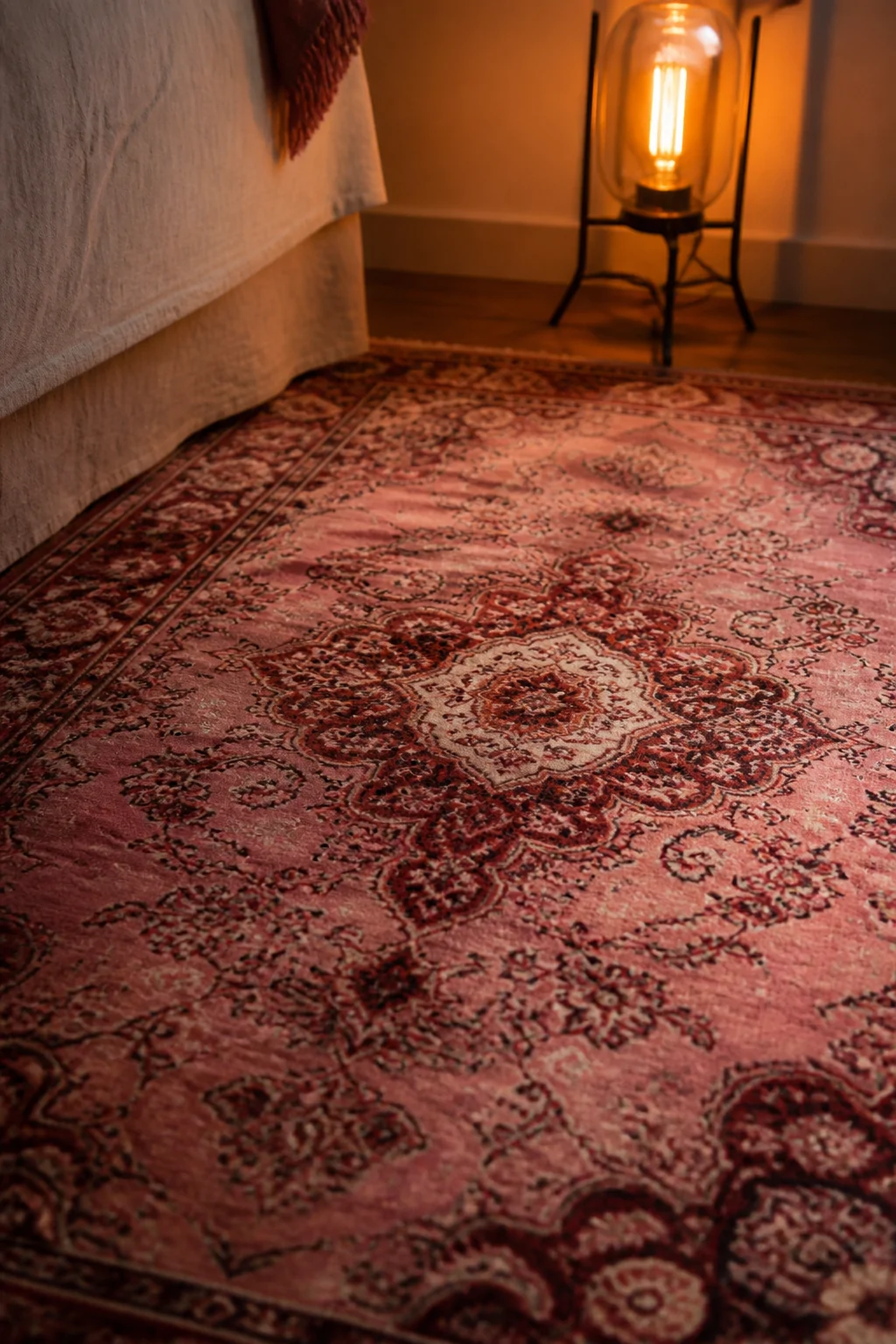 Closeup photorealistic detail shot of an ornate pink Persian rug glowing warmly under the light of a small Edison bulb floor 