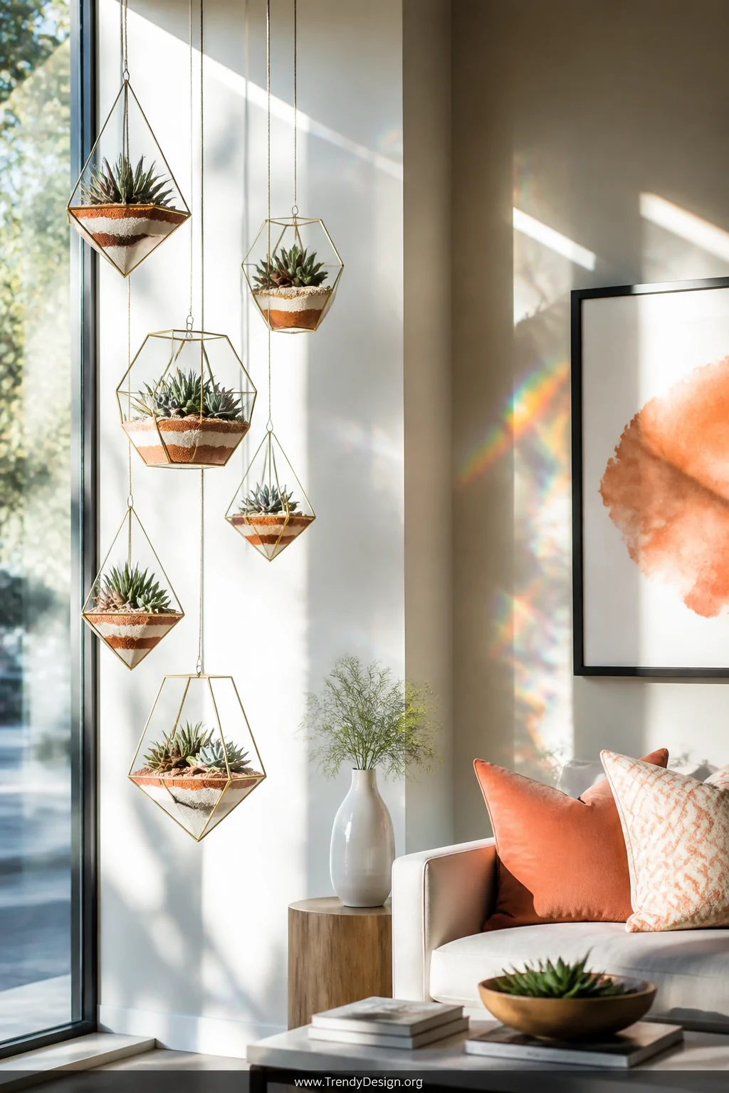 A wide room shot of a bright, modern living room corner where open geometric glass terrariums in triangular and hexagonal sha
