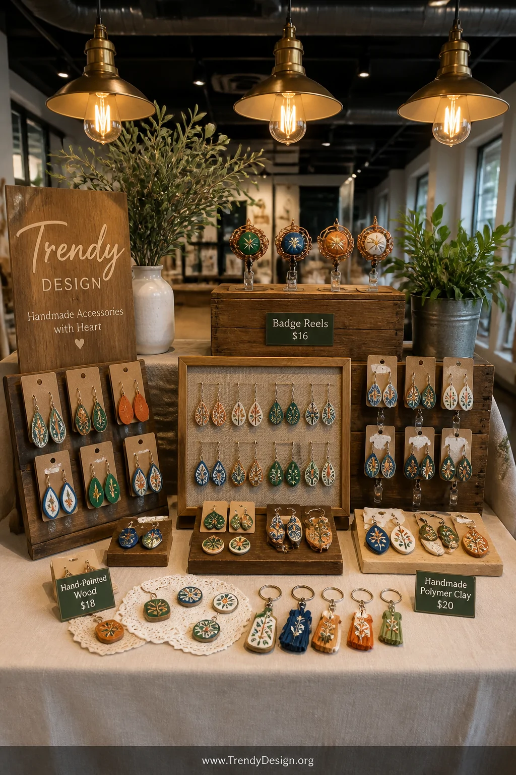 A wide shot of a beautifully styled artisan craft fair table display with rich, warm pendant lighting overhead, showcasing a 