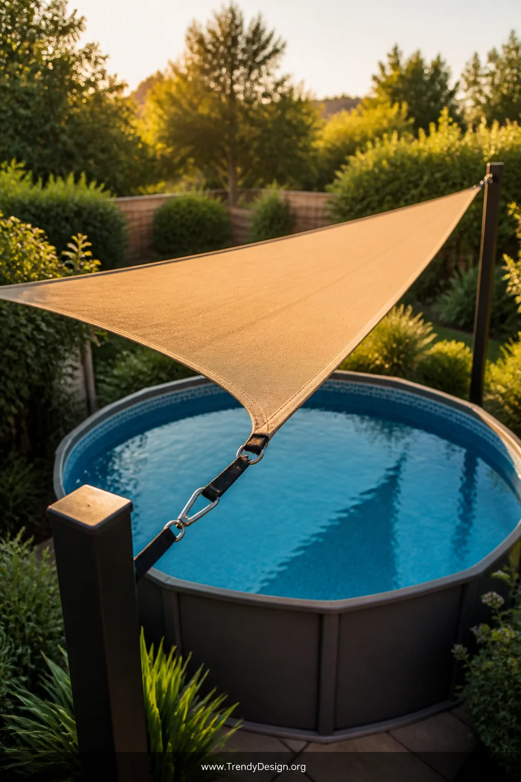 A medium outdoor shot of a triangular sandy-beige waterproof shade sail rigged at a diagonal angle over a round above ground 