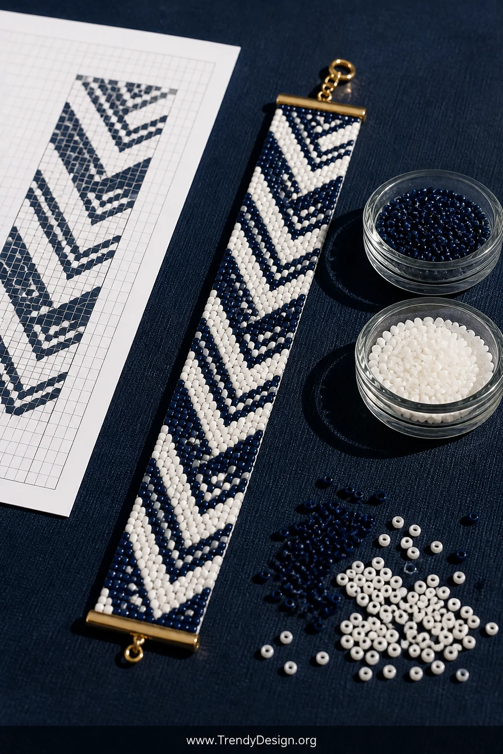 A closeup detail shot of a flat-lay bracelet display on a dark navy linen surface, featuring a finished seed bead loom bracel