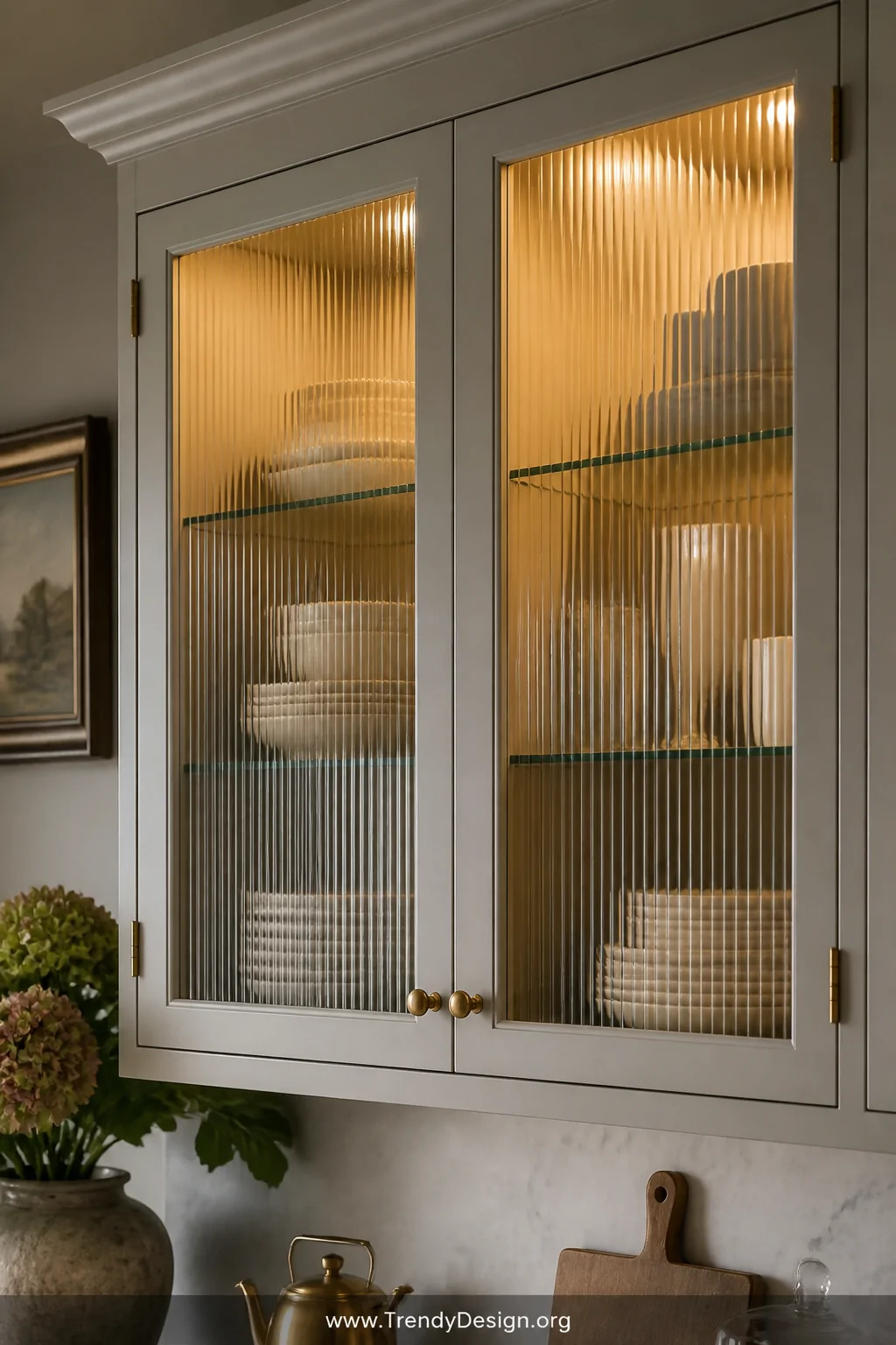 Medium detail shot of kitchen cabinet doors fitted with reeded glass inserts, warm interior cabinet lighting glowing softly t