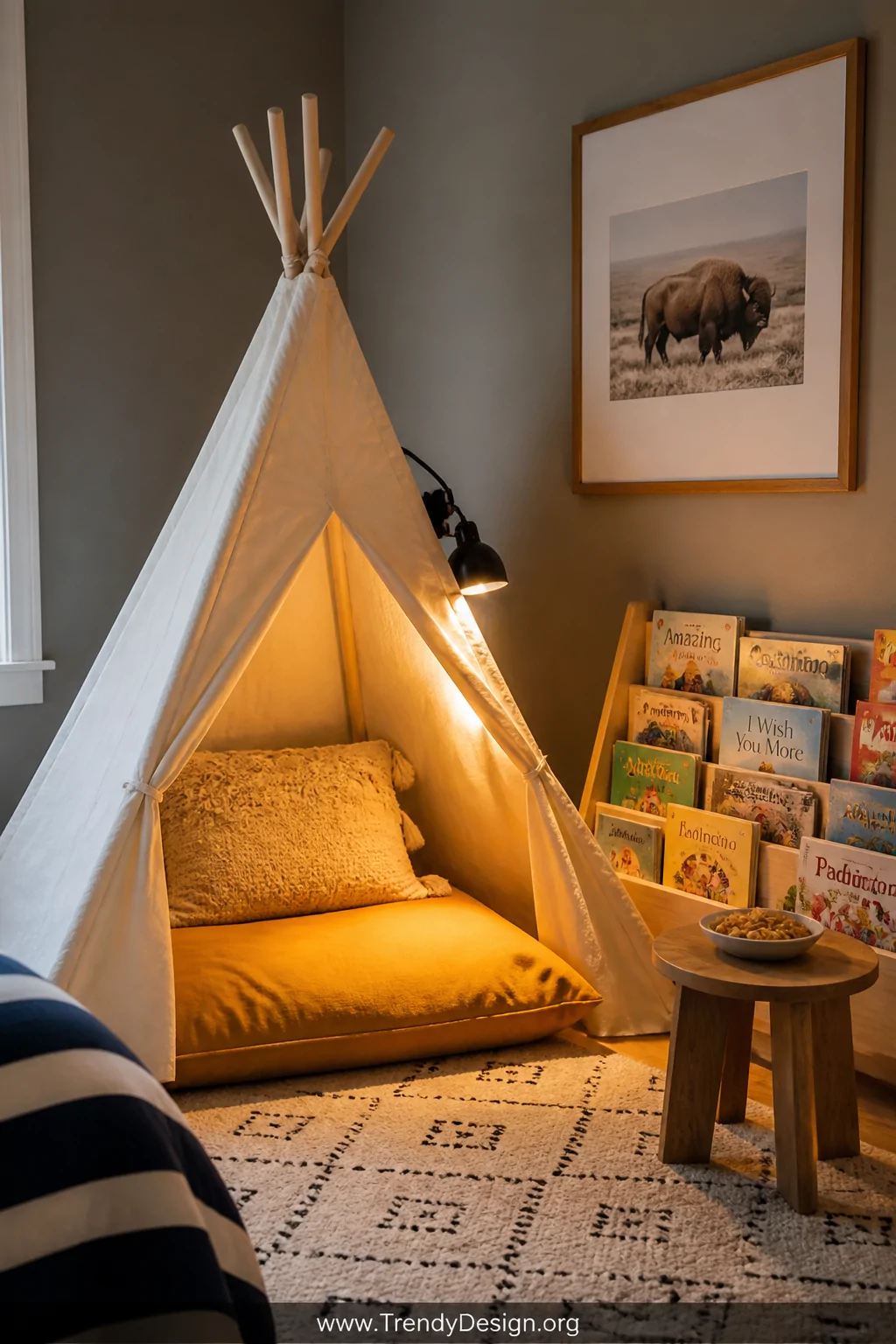 Photorealistic cozy closeup shot of a children's reading nook in the corner of a boy's bedroom, featuring a canvas teepee ten
