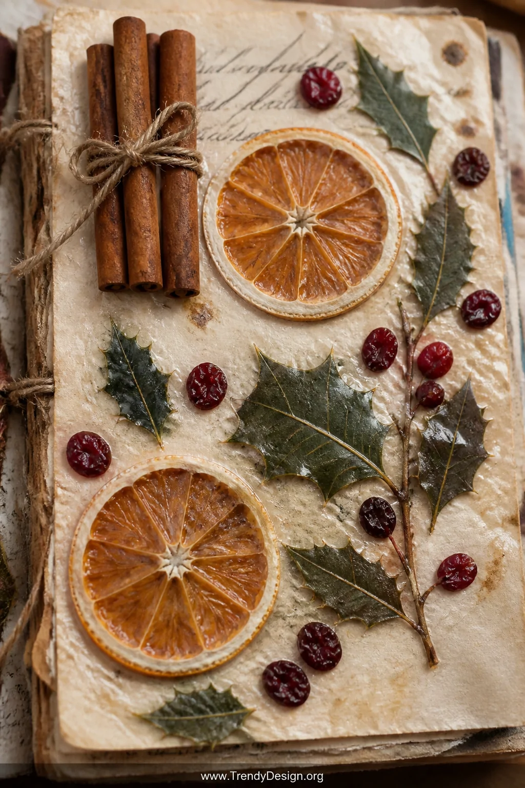 Close-up detail shot of a rustic junk journal page featuring dried orange slice rounds as circular focal points, cinnamon sti
