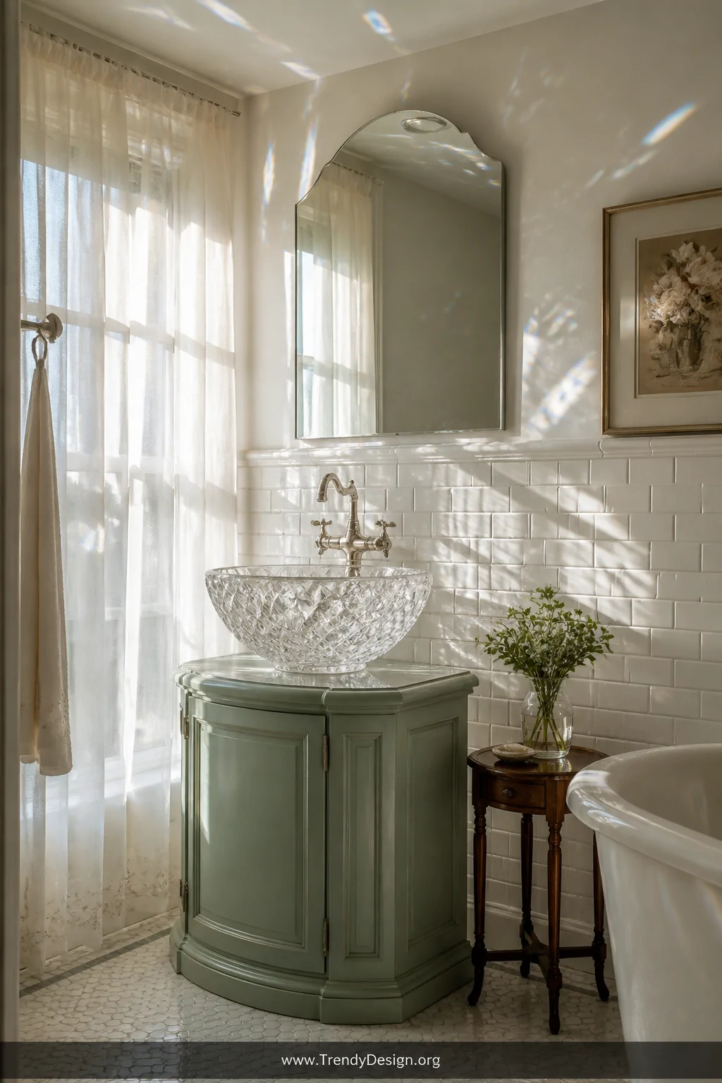 A wide shot of a bright, vintage-inspired bathroom featuring a large faceted crystal punch bowl vessel sink mounted on a pede