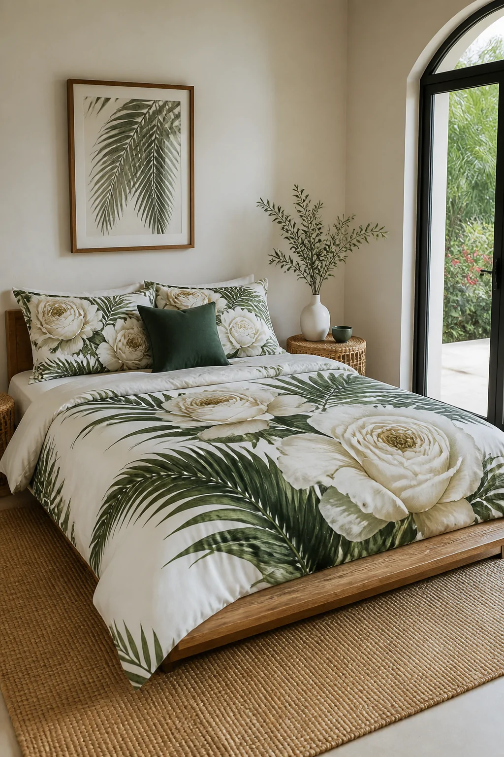 Wide room shot of a serene bedroom featuring an oversized botanical duvet with large palm frond and rose prints as the undisp