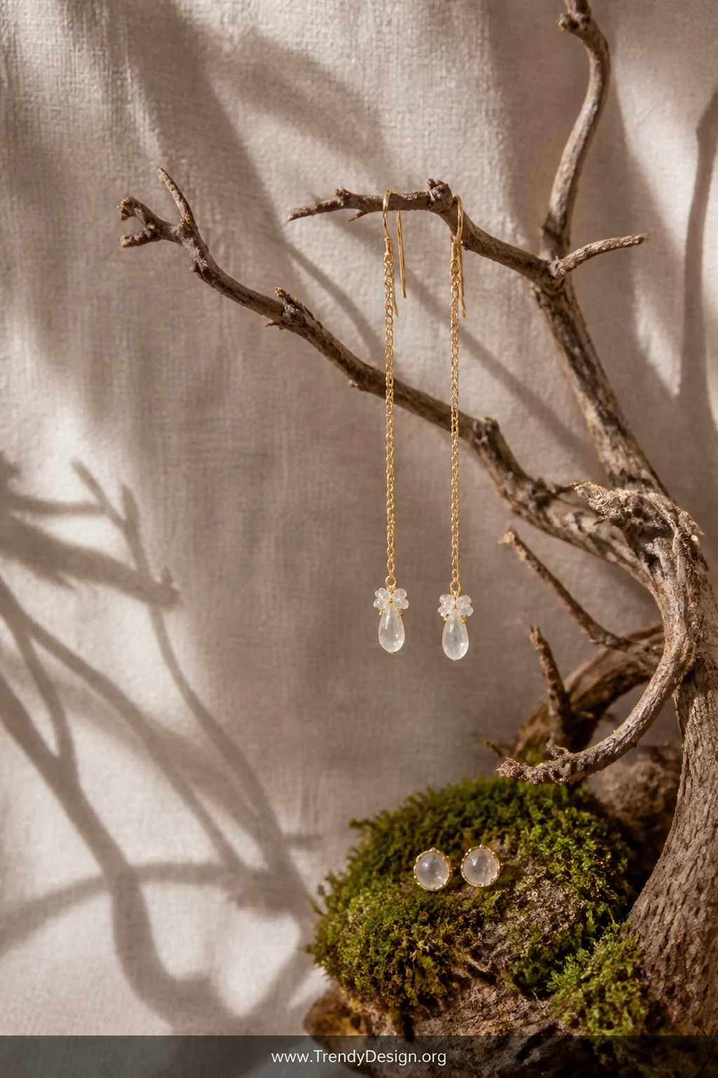 A close-up detail shot of delicate dangly earrings hanging from the gnarled twigs of a dried wooden branch propped against a 