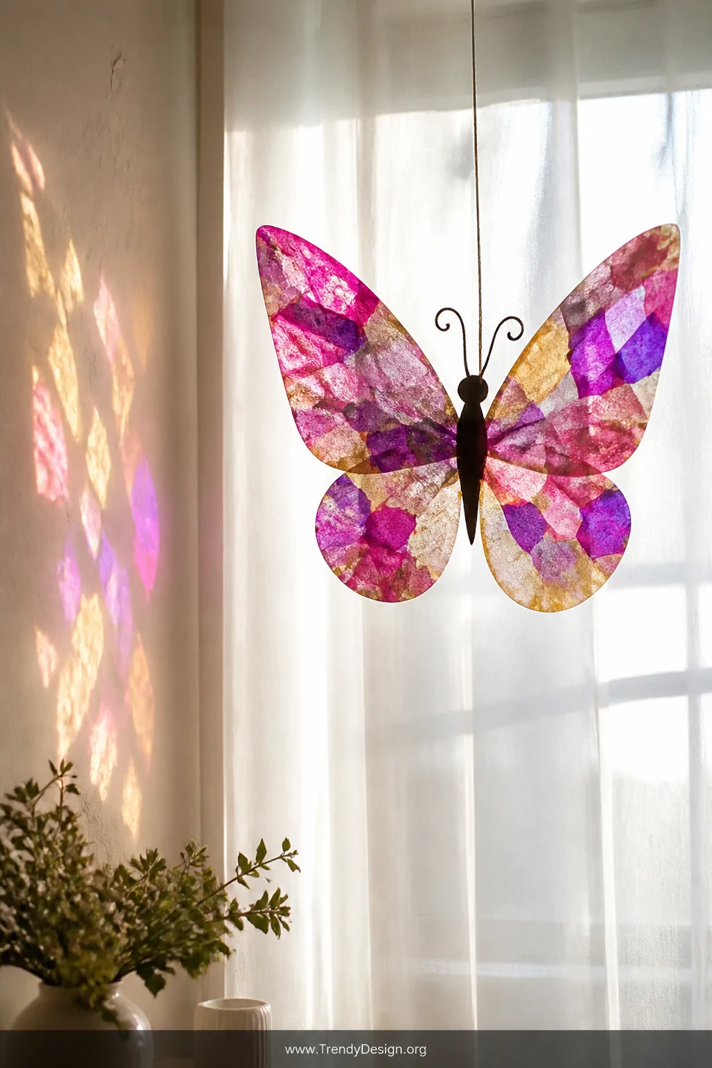 A wide window shot of a tissue paper butterfly suncatcher hanging against a sun-drenched sheer white curtain, torn pieces of 