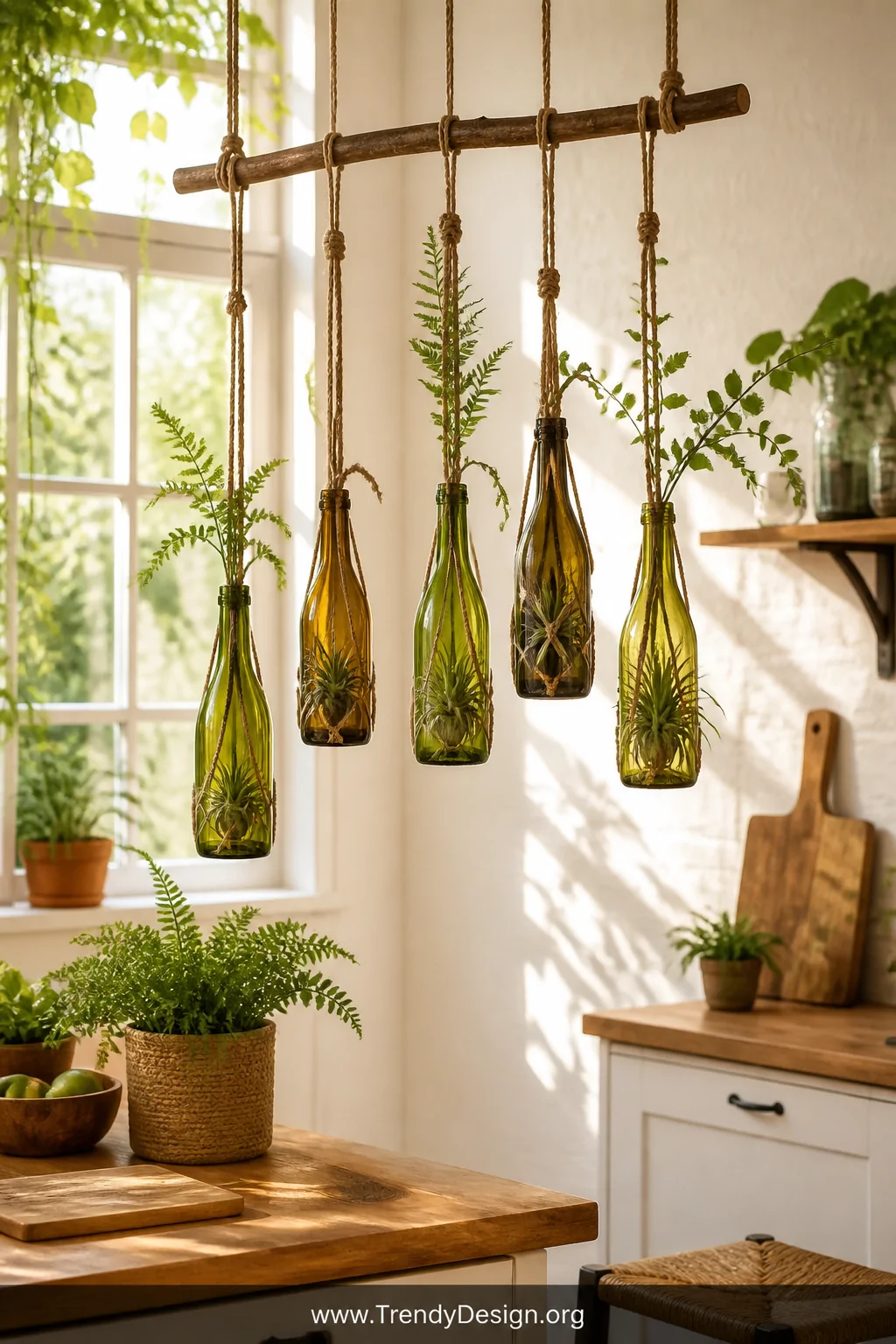 A bright kitchen or patio space featuring a rustic wooden dowel suspended near a sunny window with 5 wine and glass bottles h