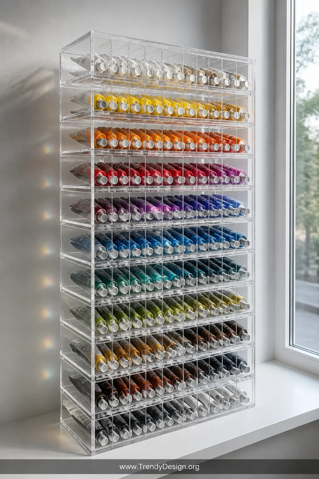 Wide shot of a sleek tower of stacked clear acrylic storage trays sitting on a white studio shelf against a light wall, each 