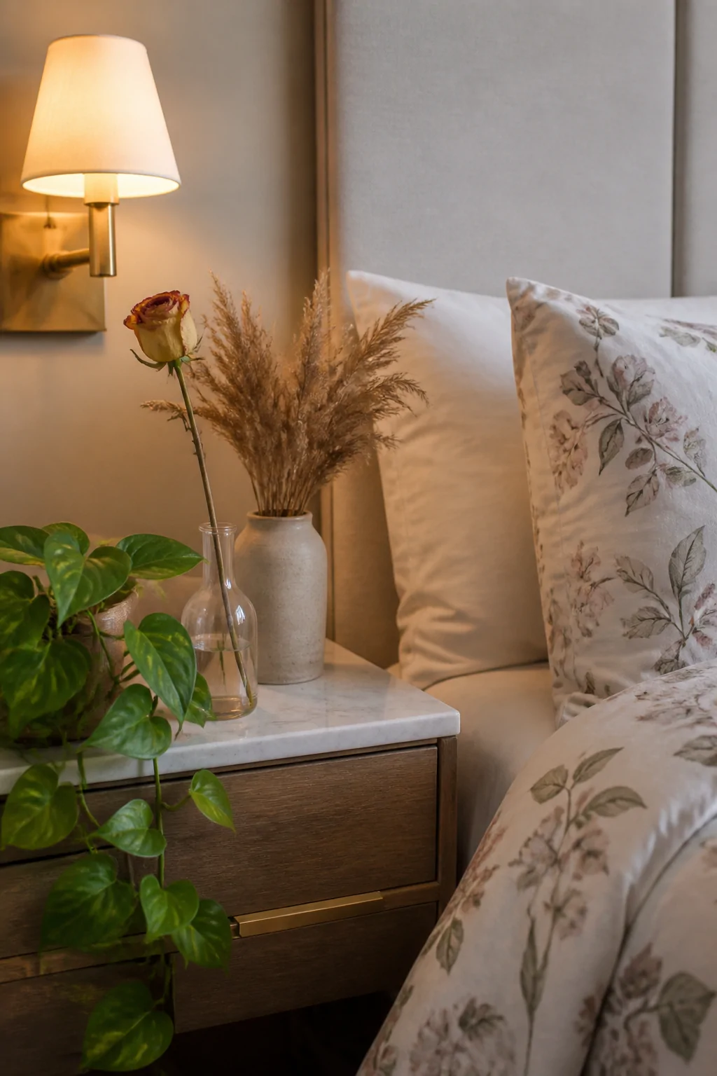 Medium shot of a styled bedroom nightstand vignette featuring a clear glass bud vase holding a single dried rose stem, a smal