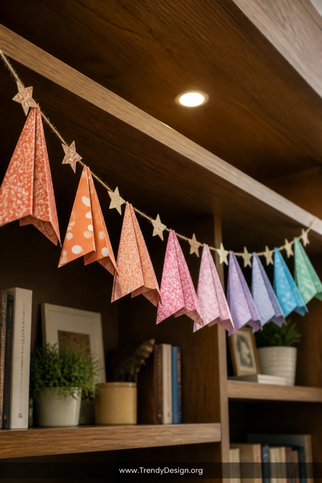 Detail shot of a zigzagging paper airplane garland draped above a wooden bookshelf, with a dozen small planes folded from vib