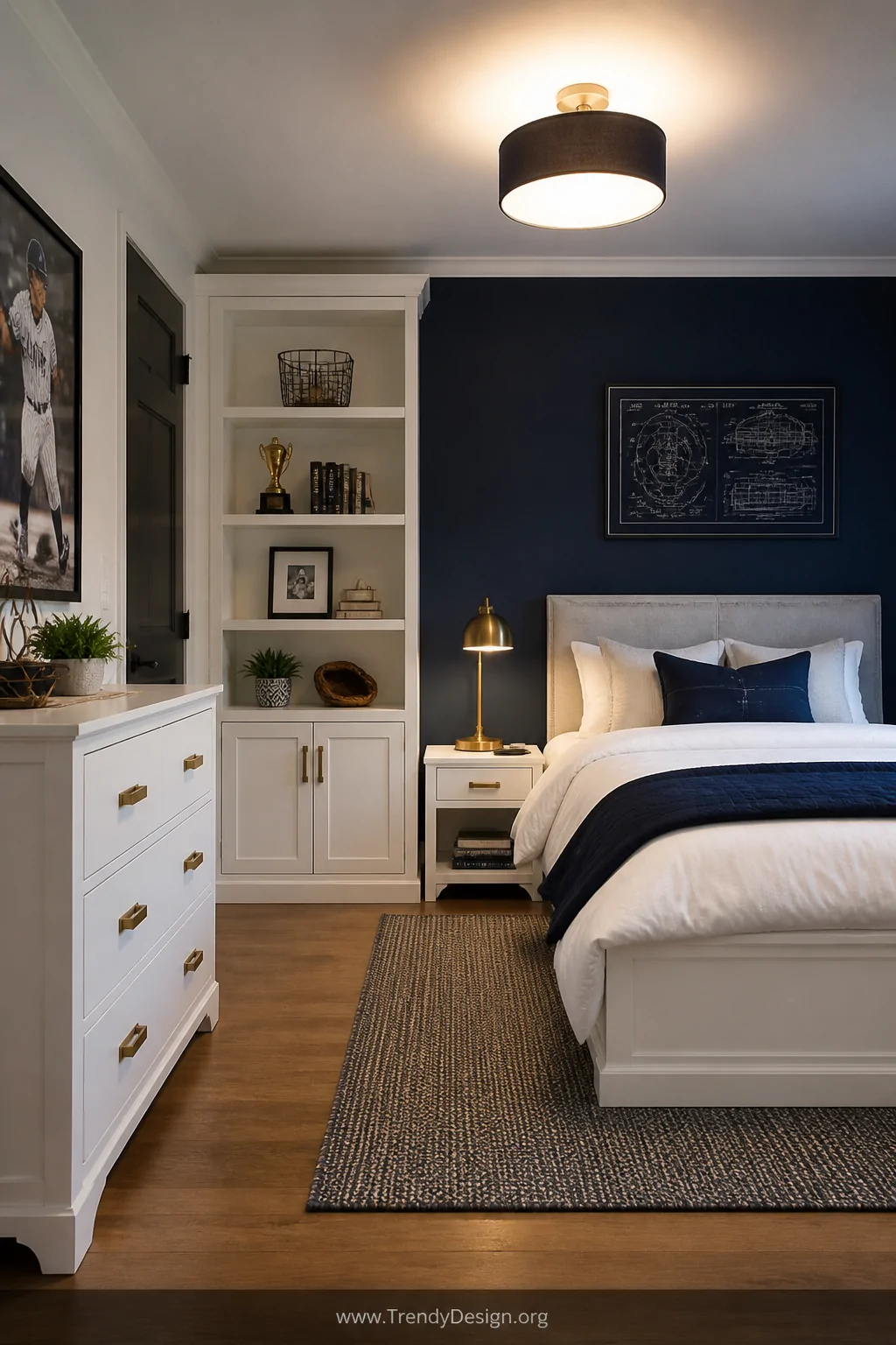 Wide-angle photorealistic interior shot of a modern boys bedroom featuring a deep navy blue accent wall behind a low-profile 
