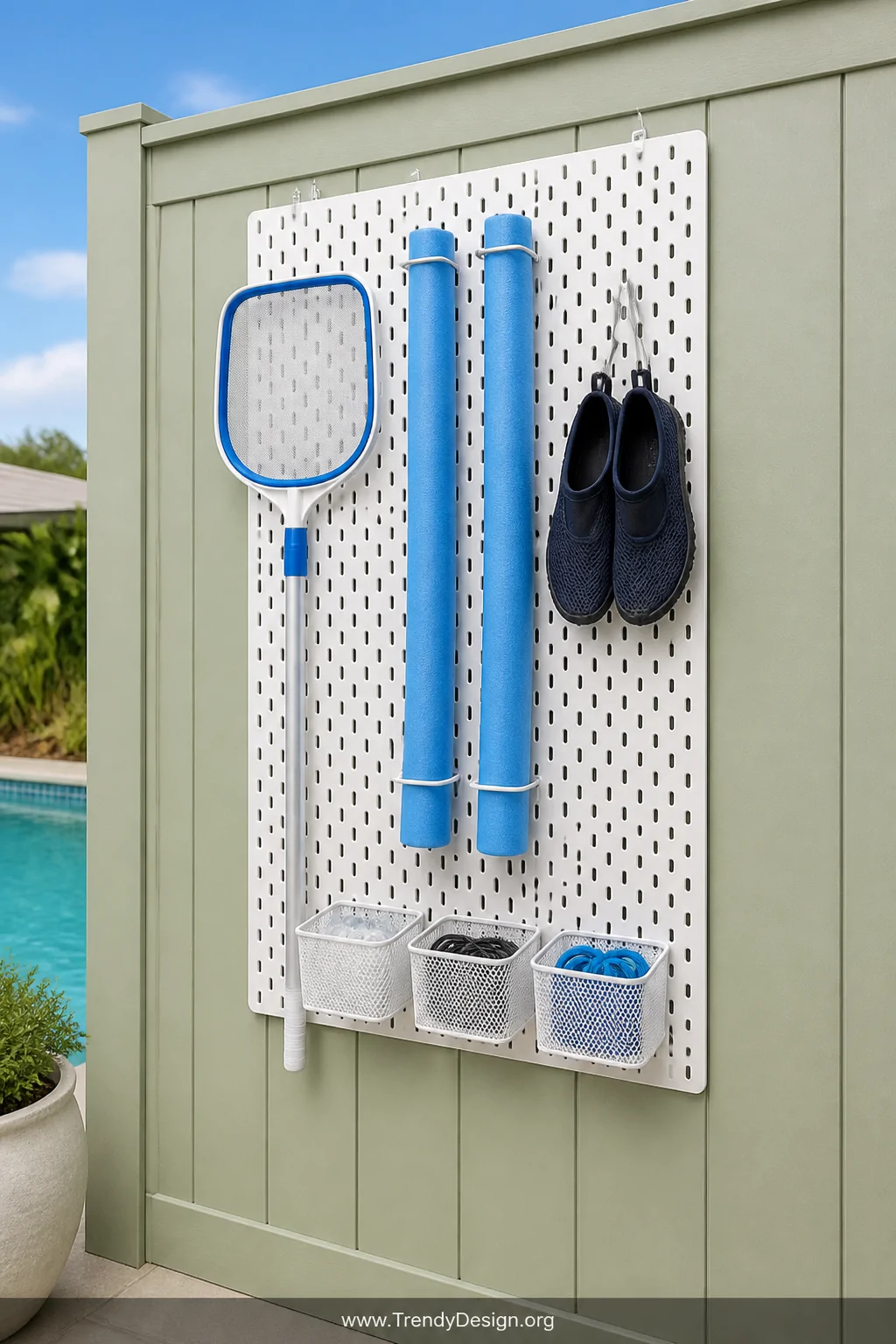 Medium shot of a white pegboard mounted on a sage-green painted fence panel beside a pool, hung with chrome S-hooks holding a