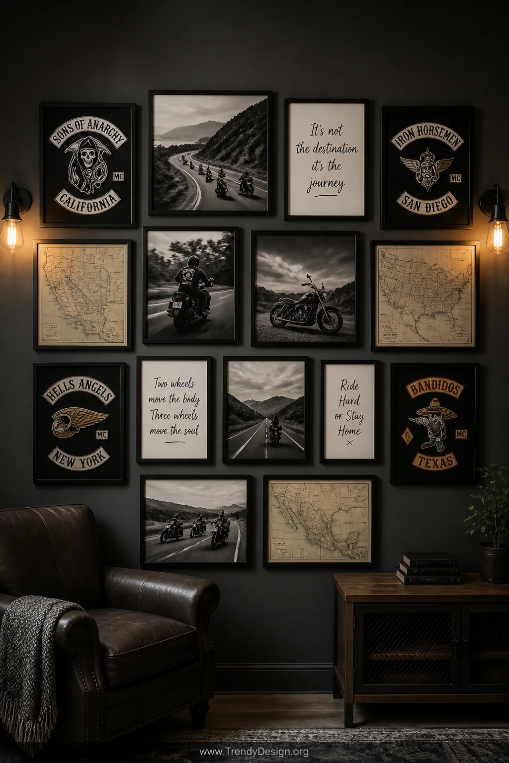 Wide shot of a gallery wall featuring a cohesive arrangement of matte black frames mixing framed motorcycle club patches with