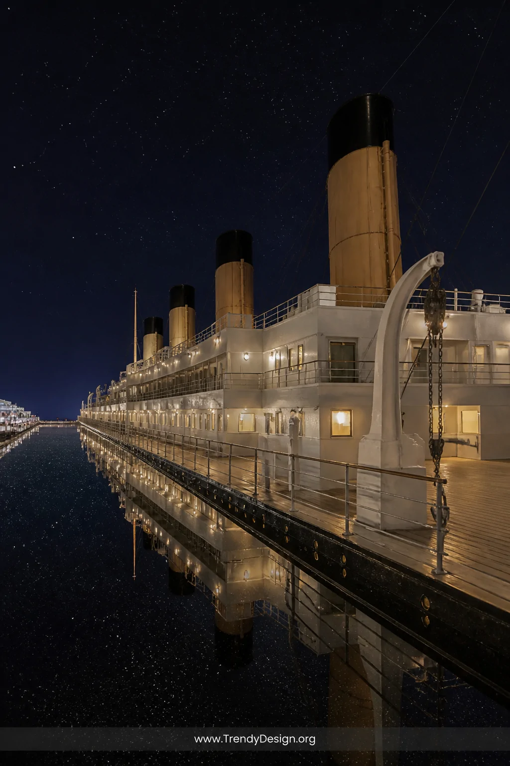 A wide nighttime atmosphere shot of the Titanic upper deck diorama set beneath a deep indigo backdrop hand-studded with tiny 