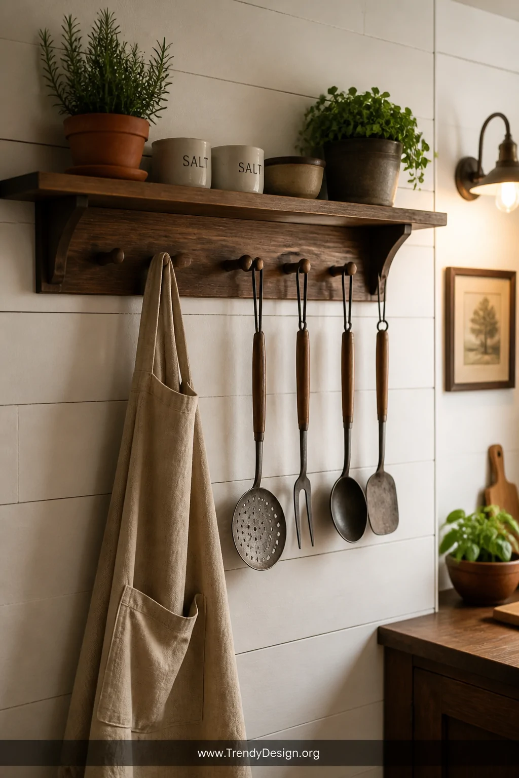 Wide shot of a farmhouse kitchen wall featuring a dark walnut-stained Shaker-style wooden peg rail mounted at eye level, with