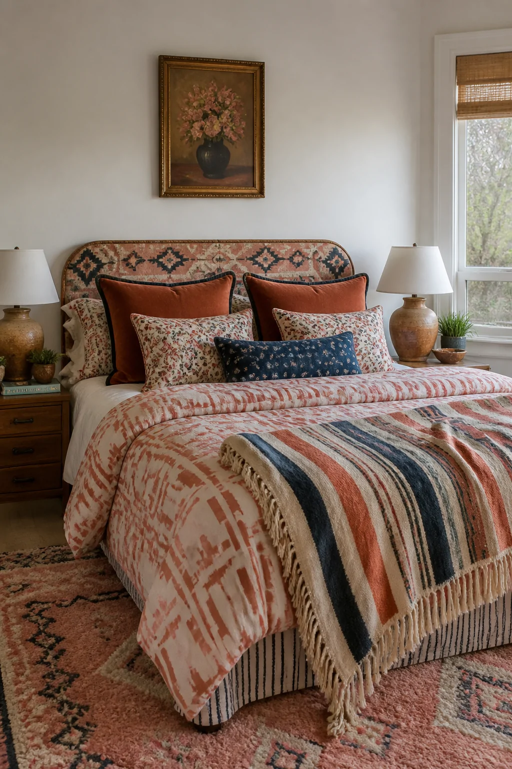 Detail-to-medium photorealistic shot of a bohemian bed with intentionally mixed patterns   a large geometric-print duvet in t