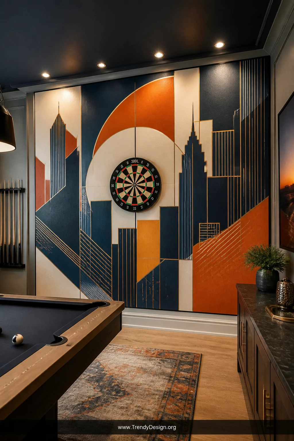 A wide room shot of a dramatic game room featuring a large removable MDF mural panel painted with a bold geometric city skyli
