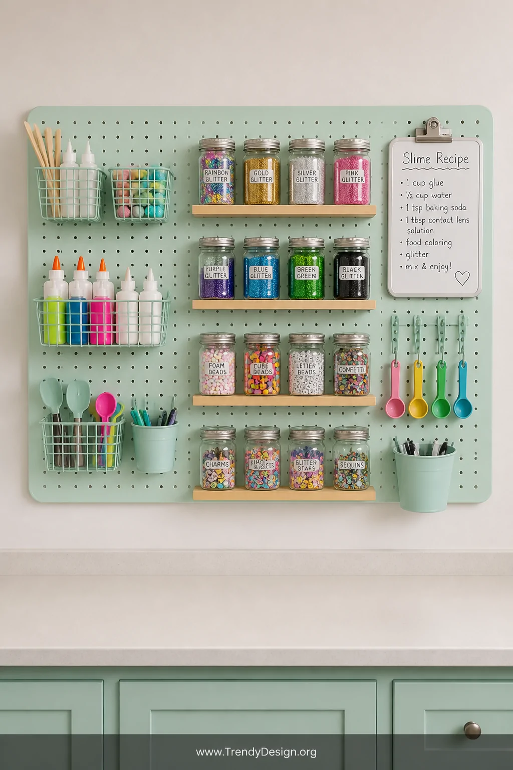 Medium straight-on shot of a pastel mint pegboard mounted on a white playroom wall, fitted with metal hooks, small wire baske