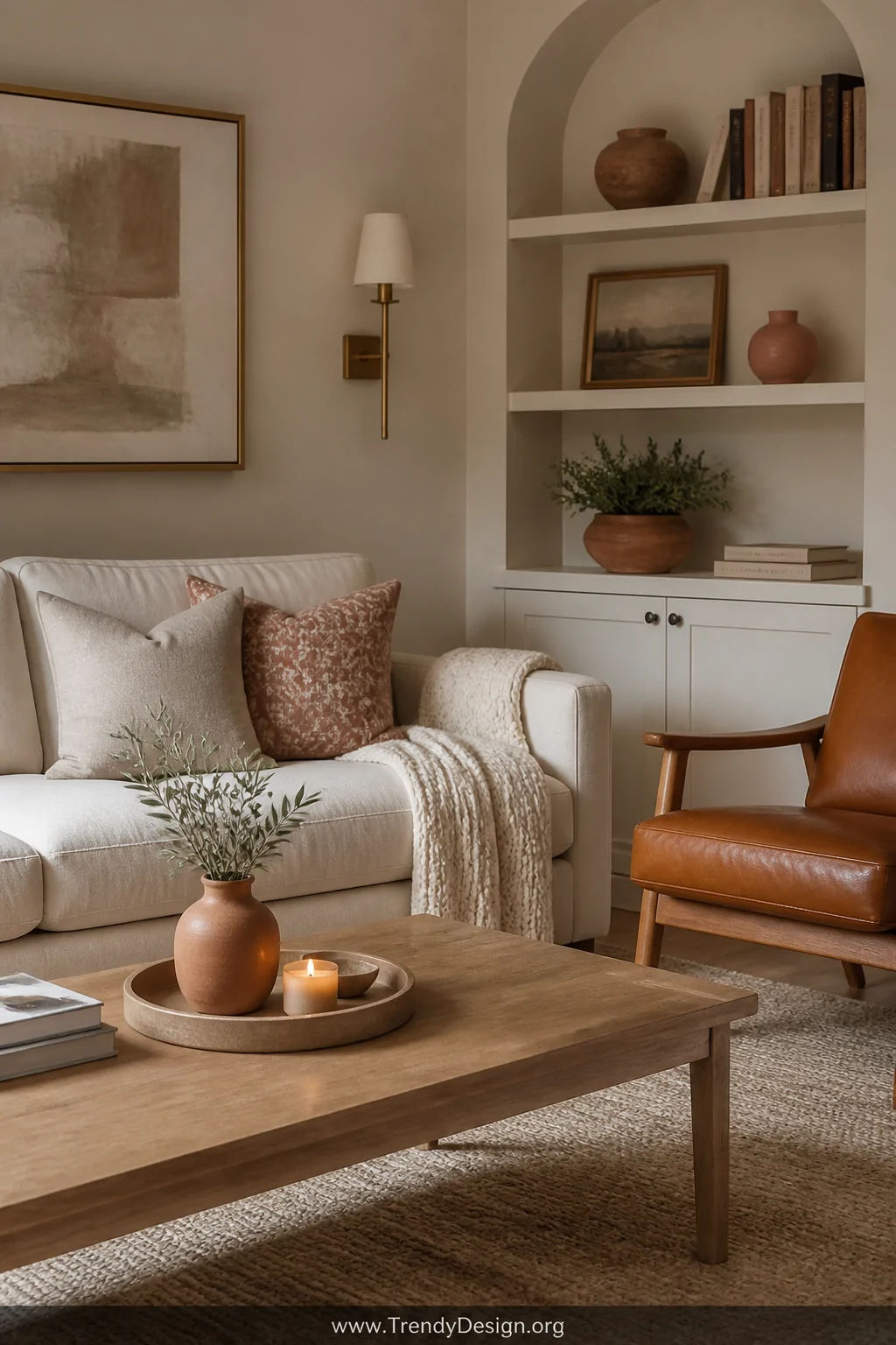 Medium shot of an off-white couch living room corner with warm greige walls carrying a subtle cream undertone, a cognac leath