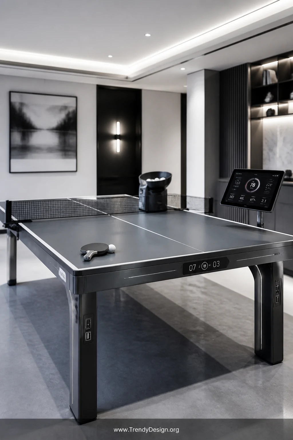 Wide shot of a sleek ultra-modern game room featuring a smart ping pong table with integrated ball launcher, flush electronic
