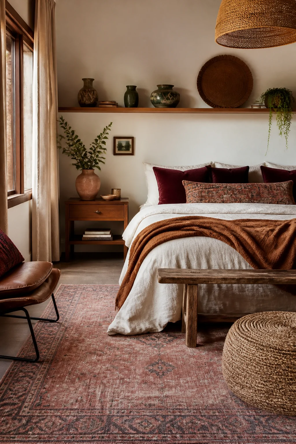 Wide photorealistic interior shot of a boho bedroom with a warm earthy color palette surrounding a dusty pink rug, terracotta