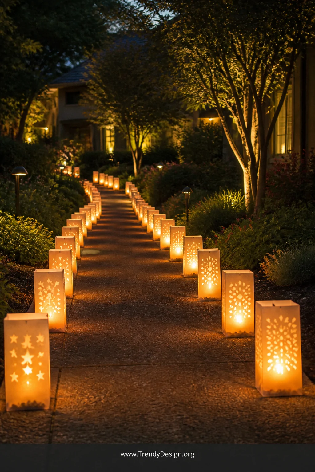 A wide shot of a twilight garden walkway lined on both sides with glowing paper bag luminarias, warm battery-operated tea lig