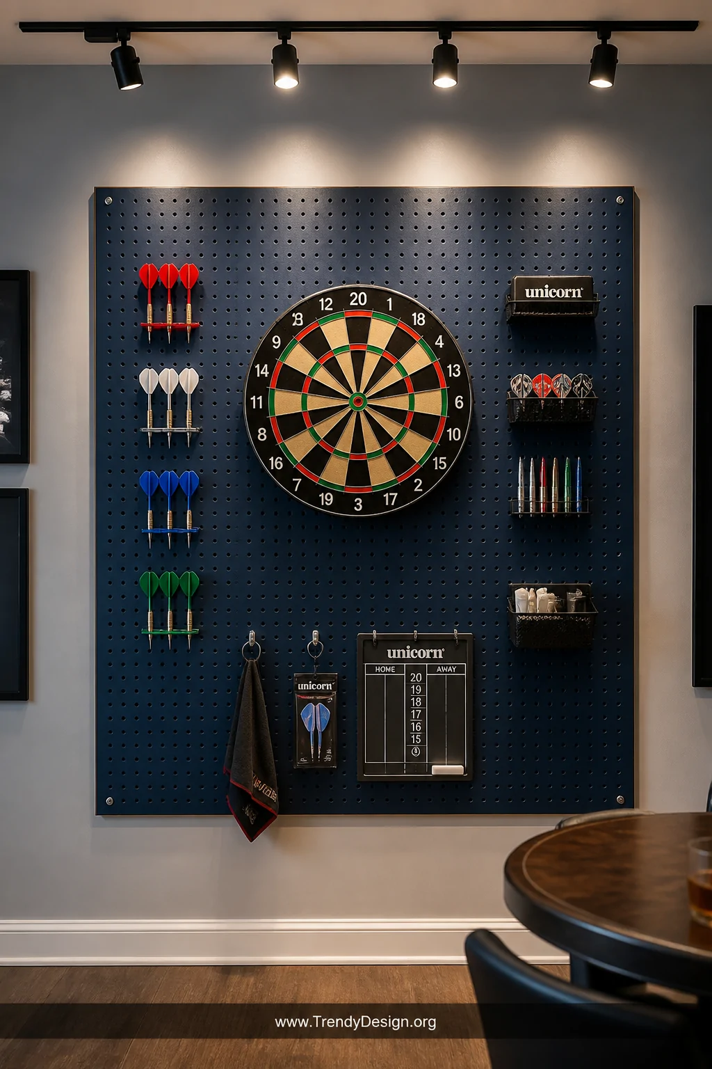 A medium shot of an organized game room wall featuring a large matte navy blue pegboard mounted behind a centered dartboard, 