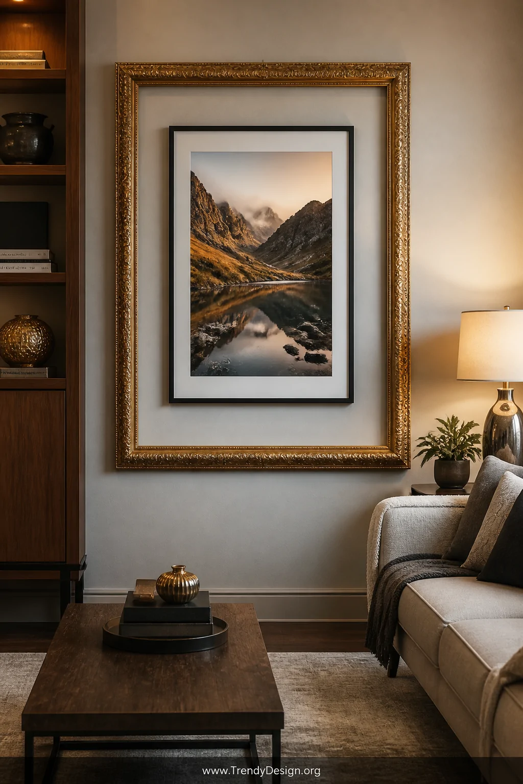 Wide shot of a living room wall featuring a large ornate gold frame layered around a slim matte black frame, warm walnut wood