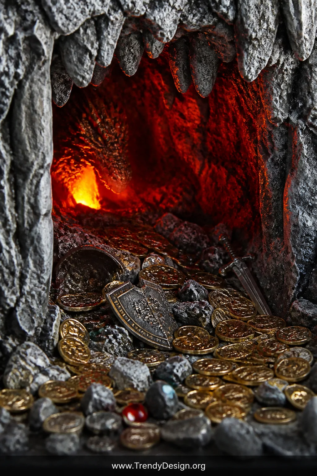 Close-up detail shot of a dragon's lair diorama interior, showcasing deeply textured gray cave walls built from paper mâché o