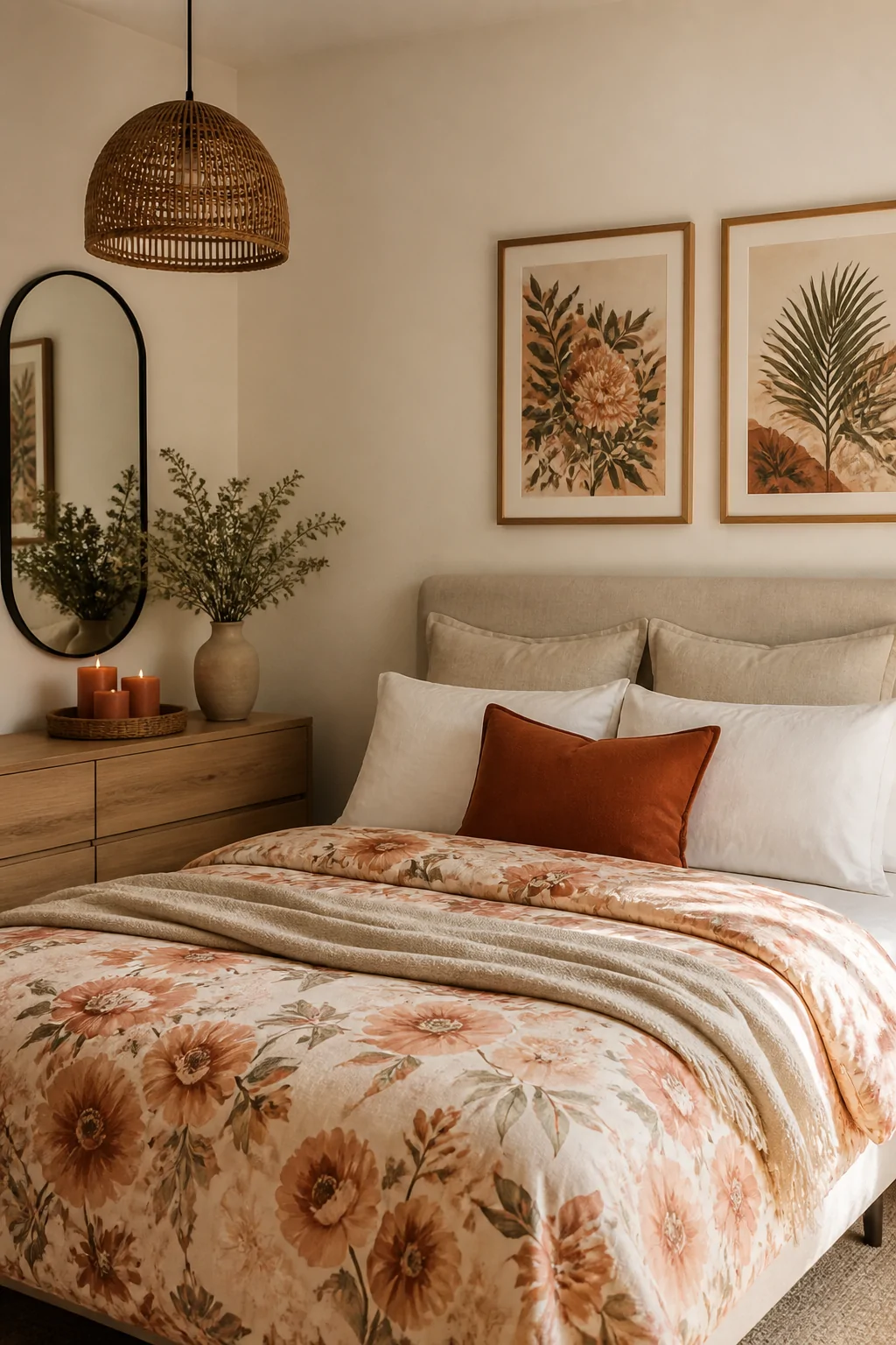Wide styled bedroom shot showcasing a cohesive warm color story, with a peach and terracotta floral print duvet echoed in ter