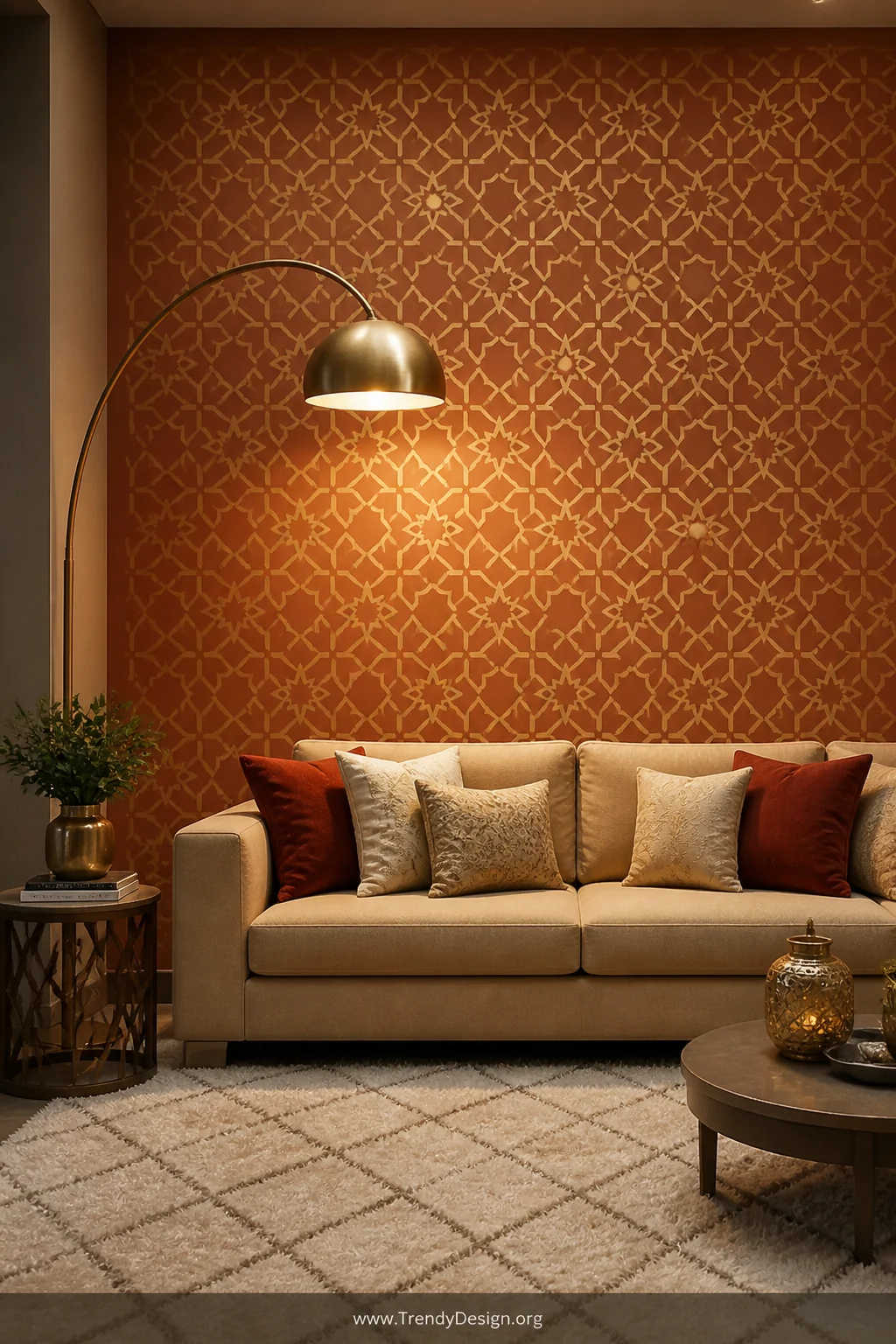 Wide-angle photorealistic shot of a living room accent wall covered in a repeating geometric Moroccan stencil pattern in soft