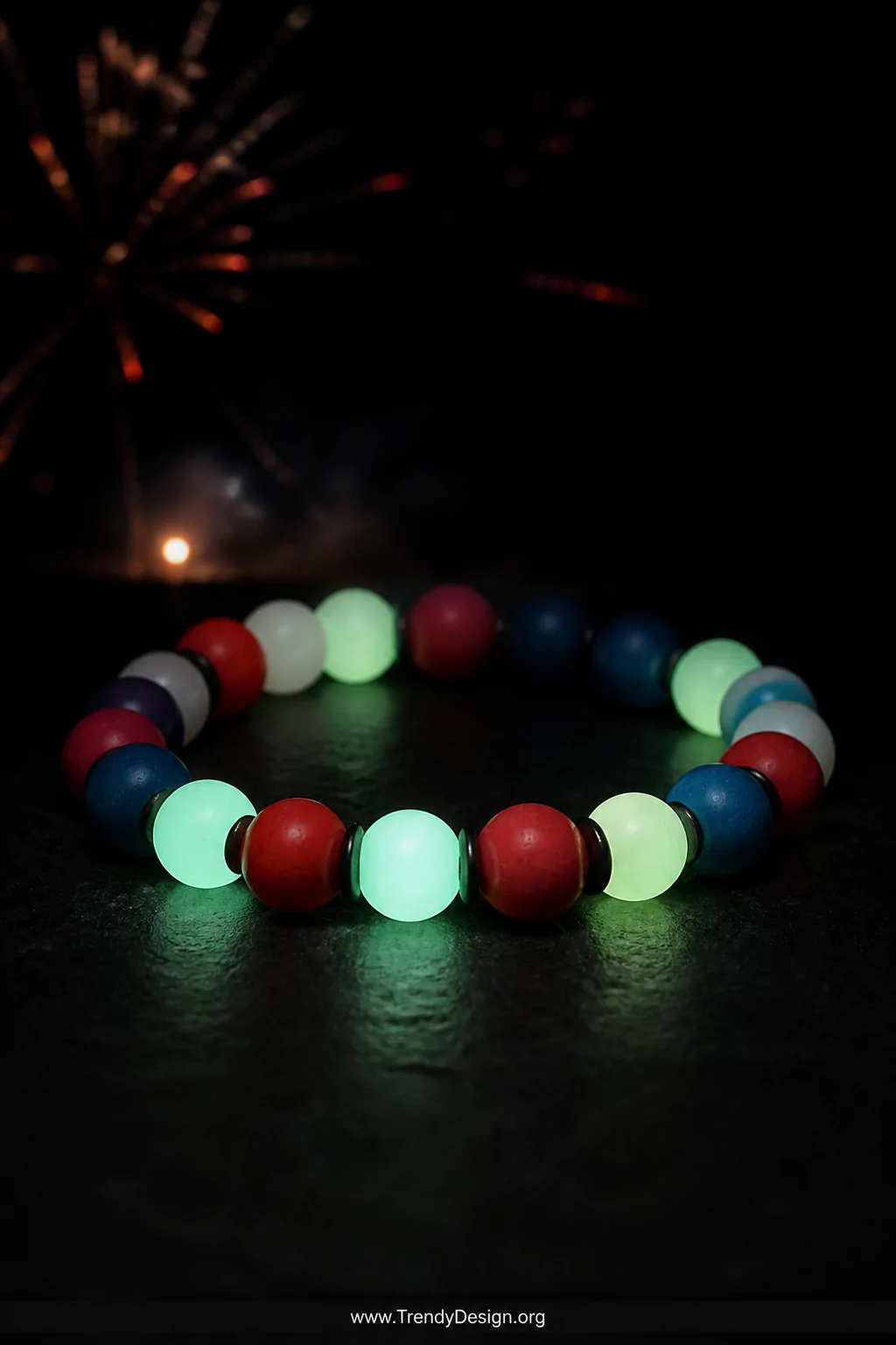 A dramatic low-light close-up shot of a clay bead bracelet strung on dark elastic cord with glowing phosphorescent white and 
