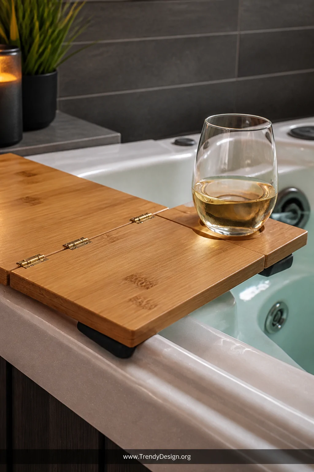 A close-up photorealistic detail shot of a folded bamboo tray table locked open across a hot tub edge, three connected cuttin