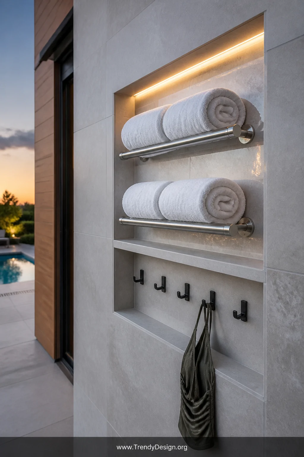 A close-up architectural shot of a recessed built-in towel niche set into a pool house exterior wall, its interior clad in gl