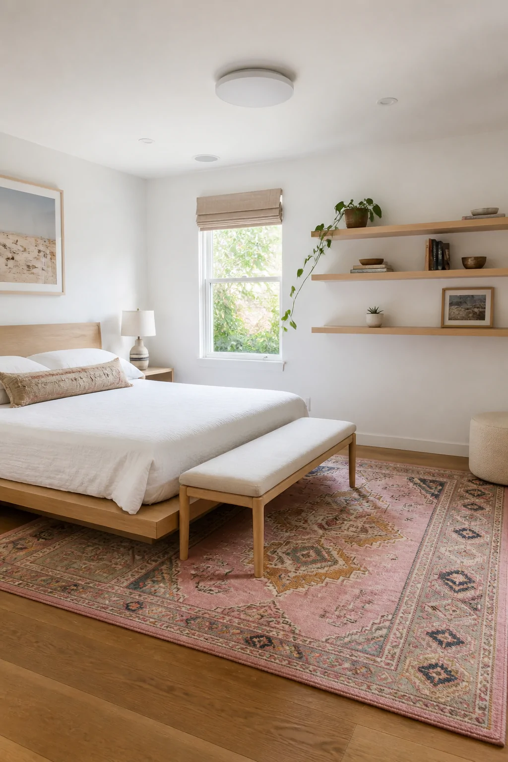 Wide photorealistic shot of a small bedroom featuring a low-profile natural wood platform bed exposing generous portions of a
