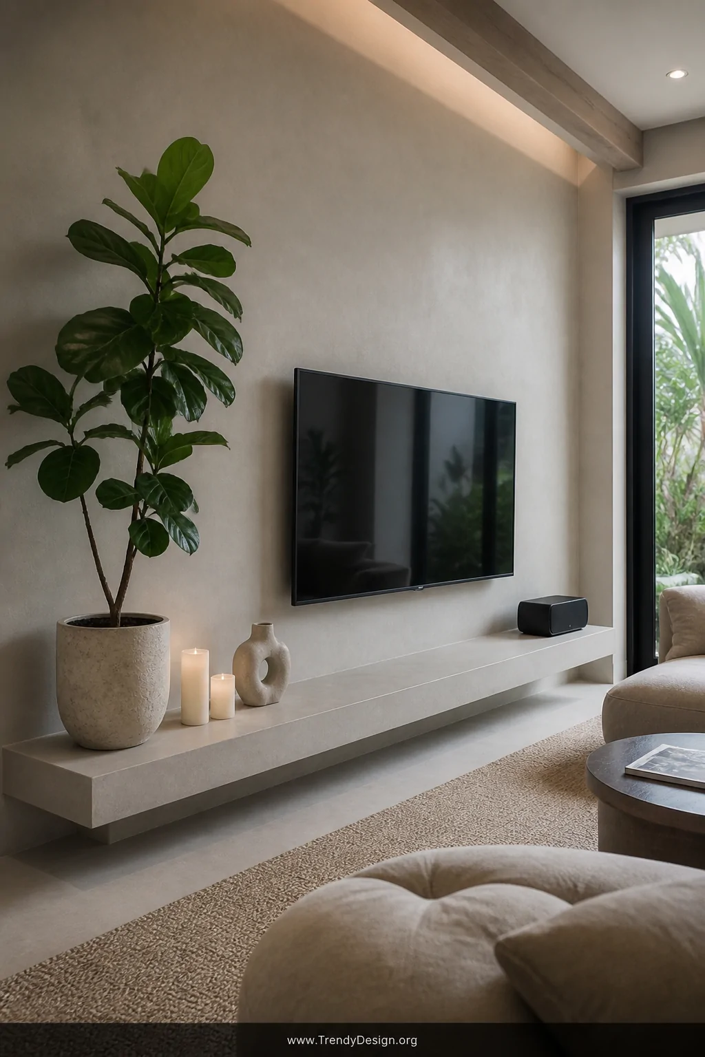 A wide shot of a living room featuring a wide deep floating shelf mounted low on a light grey wall as a built-in TV platform,