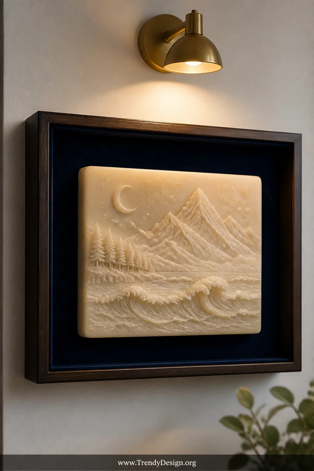 A medium shot of a shadow box frame mounted on a matte white wall displaying a large rectangular soap carved with a dramatic 