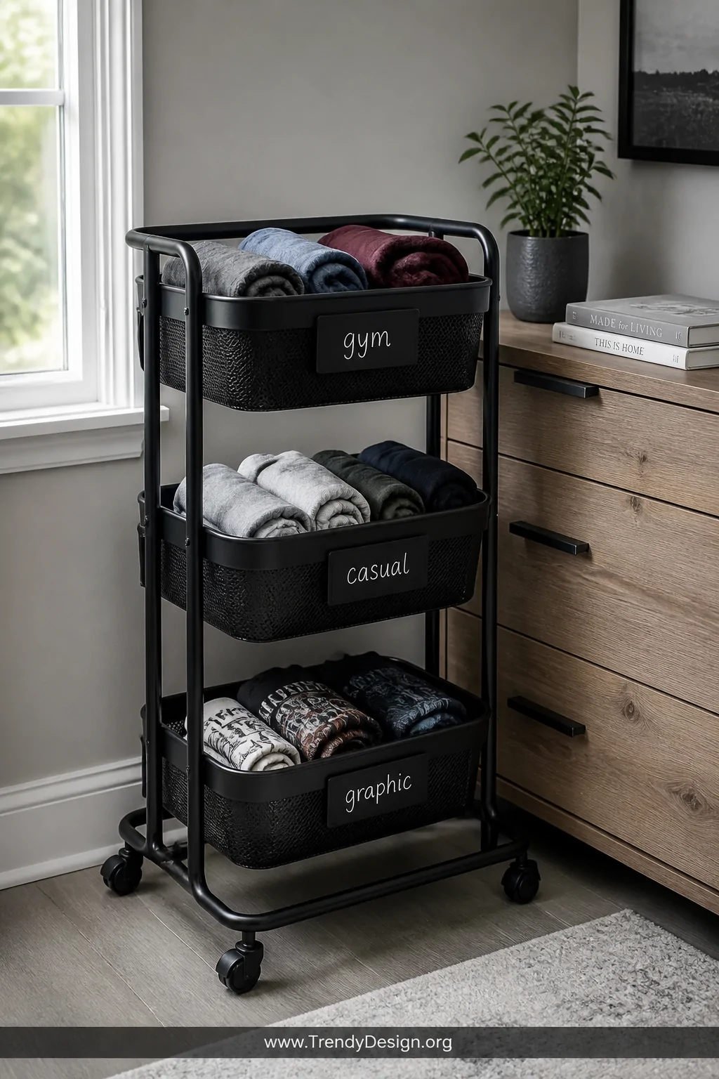 A medium shot of a matte black three-tier rolling utility cart parked beside a small bedroom dresser, each tier holding a mes