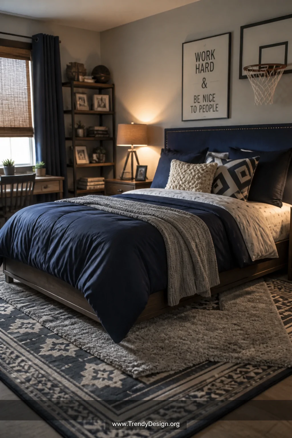 Photorealistic medium shot of a boy's bed styled with richly layered textures, a chunky low-pile patterned area rug in navy a