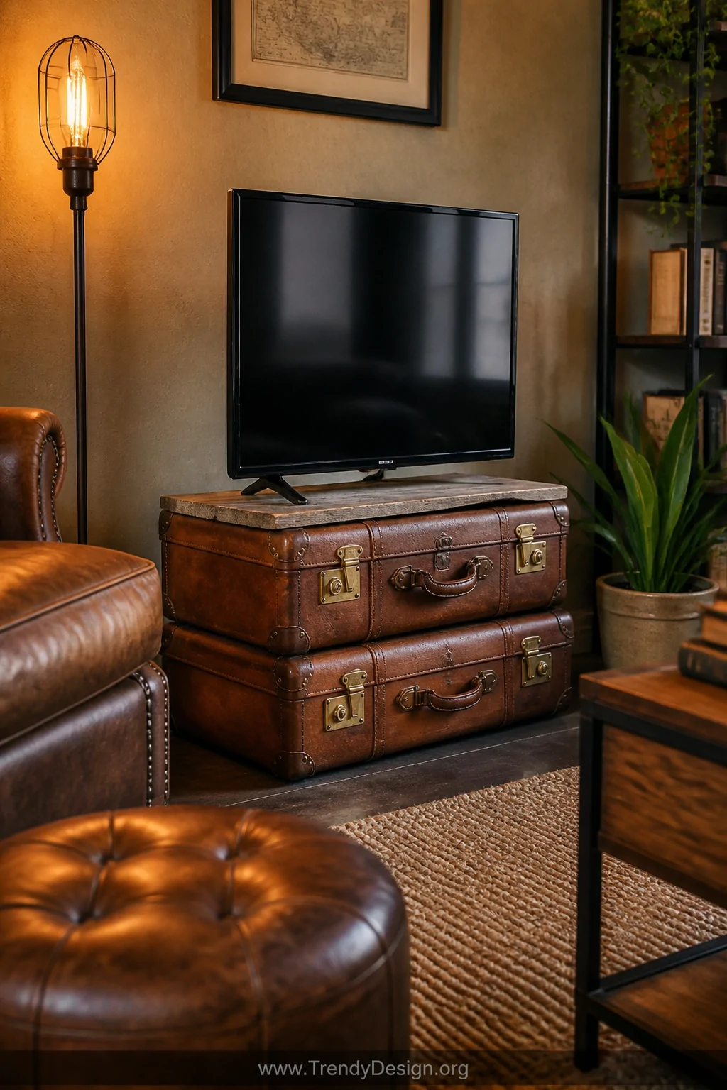A medium shot of a living room corner where two stacked vintage leather suitcases with brass metallic clasps serve as a TV ri